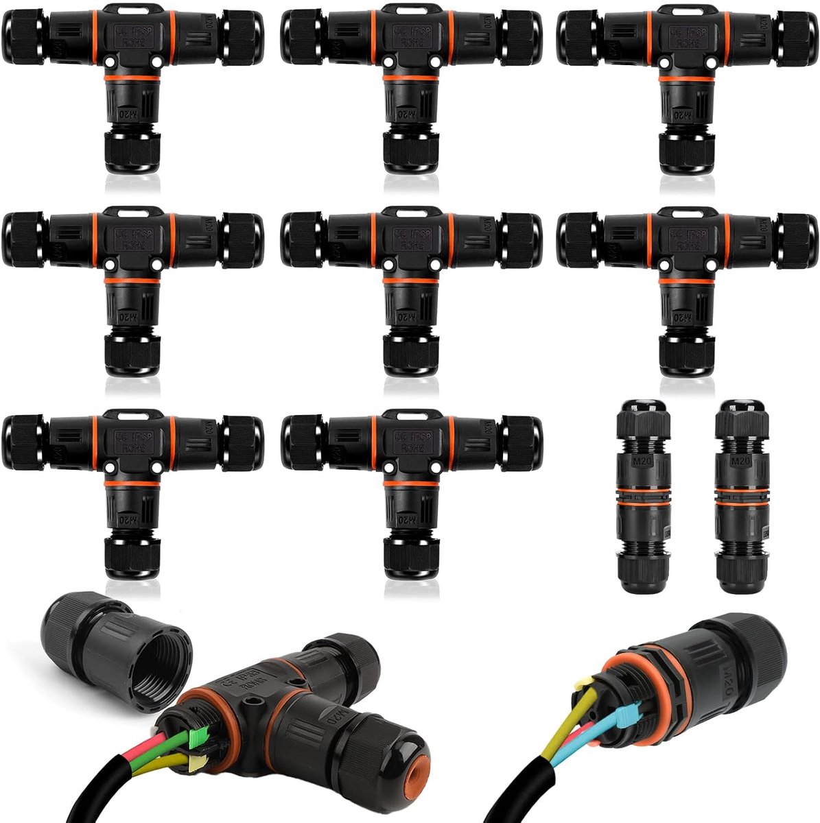 Pack of 10 Cable Connectors, Waterproof IP68, T-Shape and Straight Cable Connector, Waterproof, 3-Pin Ground Cable - ShopVlot