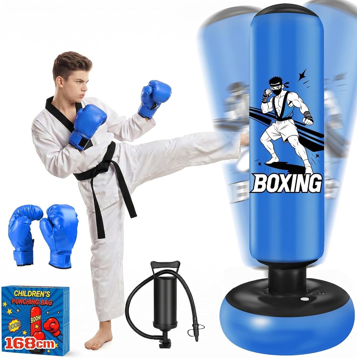 Kids and Teens Punching Bag - 168cm Youth Freestanding Inflatable Punching Bag with Stand, Safe PVC, Cool Blue Warrior - ShopVlot