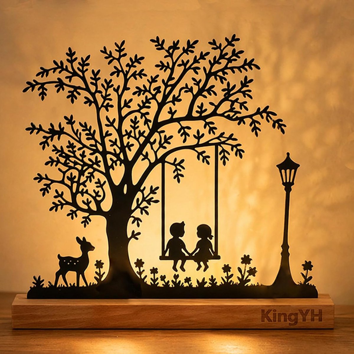 KingYH Decorative Tree Children's Swing Figure Black Metal Figurine With Beech Wood Pedestal For Window Sills Dining - ShopVlot