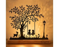 KingYH Decorative Tree Children's Swing Figure Black Metal Figurine With Beech Wood Pedestal For Window Sills Dining - ShopVlot
