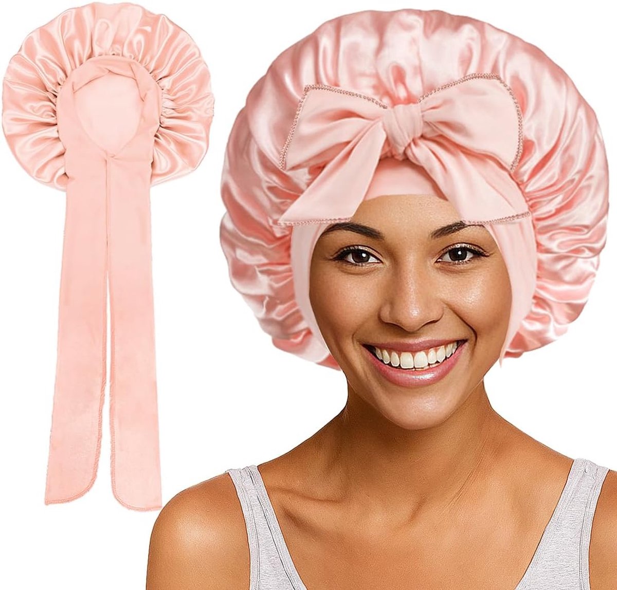 Silk Cap for Sleeping, 1 Piece, Adjustable Sleep Hat, Silk Bonnet for Curls, Hair Cap for Night Sakura, Pink - ShopVlot
