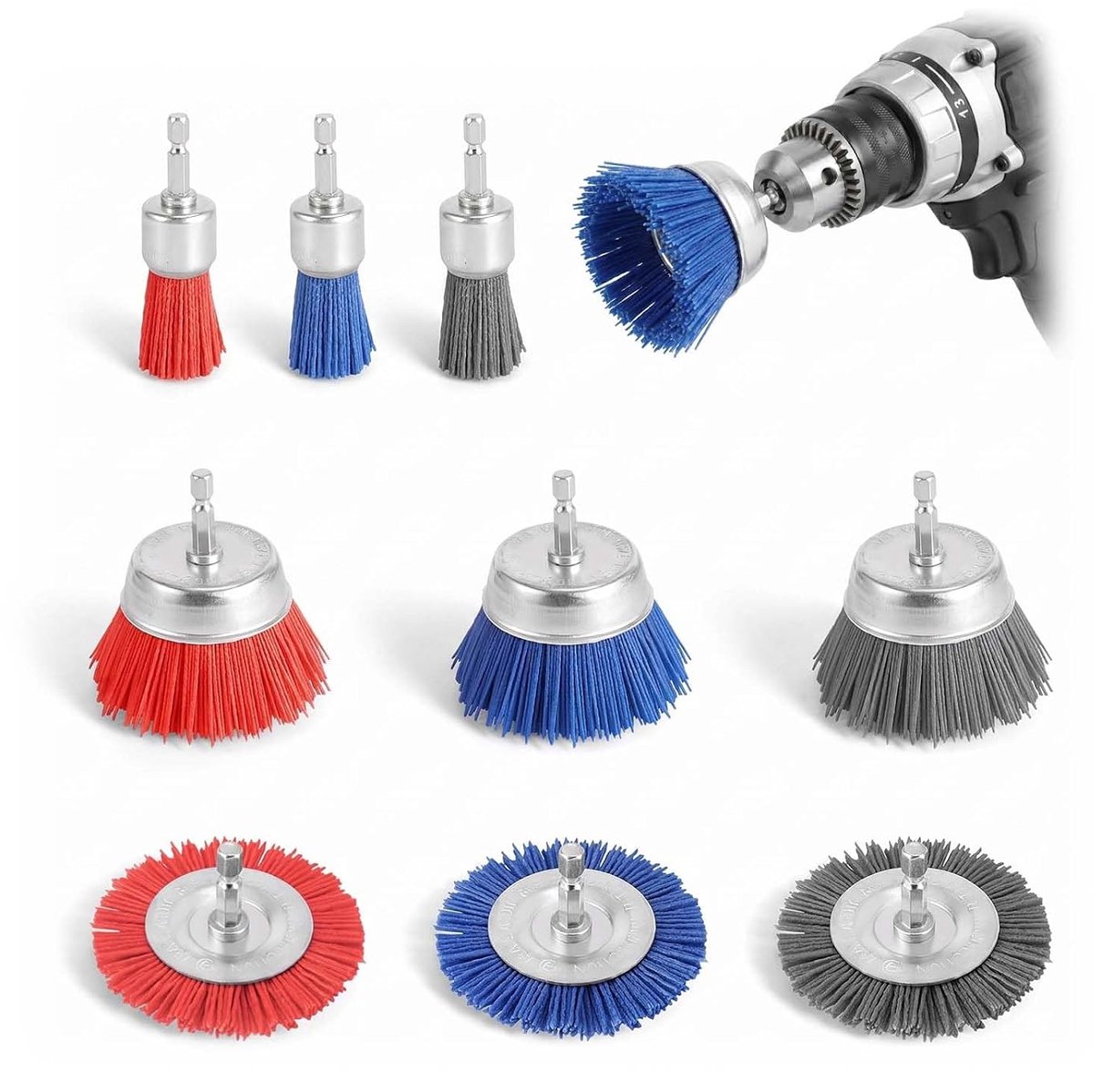 Nylon potborstels set 9 stuks - nylon boorborstels - verschillende maten - ideaal voor slijpen en ontroesten - ShopVlot