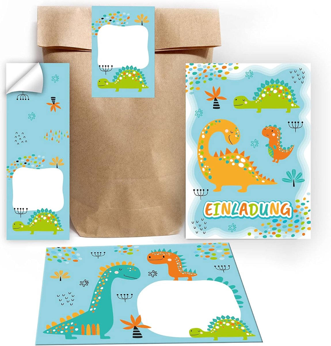 Uitnodigingskaarten verjaardagsfeest jongen dino - 12 kaarten met enveloppen - inclusief stickers en pouches - ShopVlot