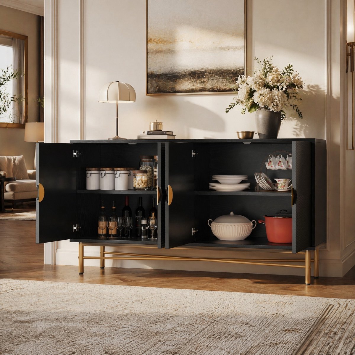 DESMIU Dressoir - Kast Met 4 Deuren En Gouden Handgrepen - Moderne Opbergkast Voor Woonkamer En Eetkamer - Zwart - 160 X 40 X 82 Cm