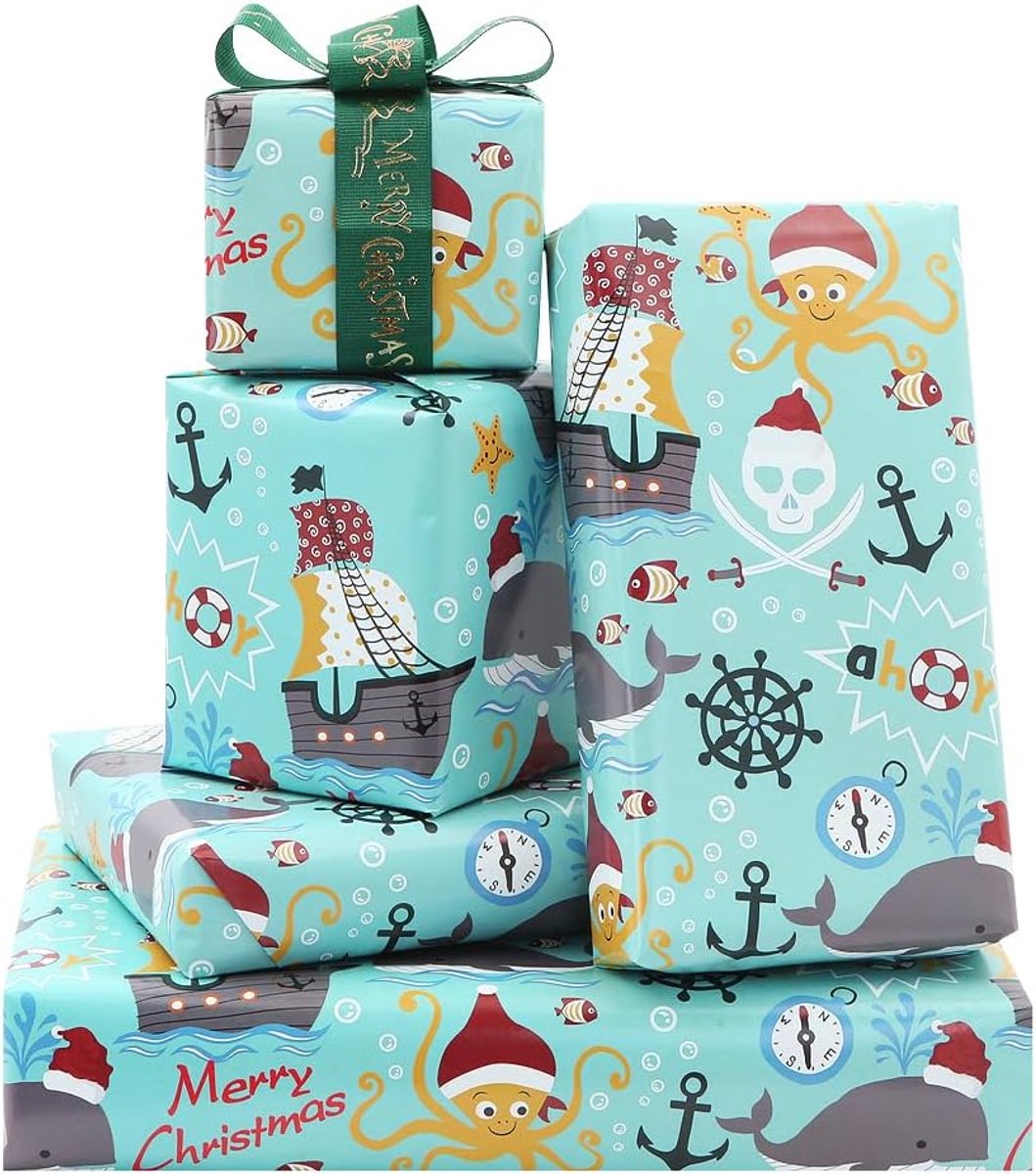 Kerst inpakpapier 4 vellen 50 x 70cm - Oceaan piraten thema - Met octopus en walvis - Voor kinderen - ShopVlot