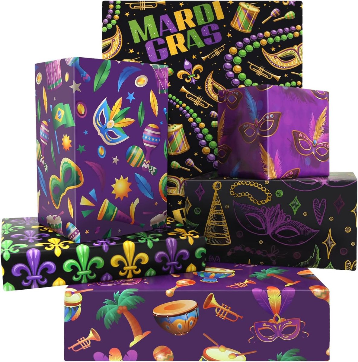 Inpakpapier Mardi Gras - 6 vellen 50x70 cm - Fleur-de-lis, diamant en masker ontwerp - Perfect voor gemaskerde feesten - ShopVlot