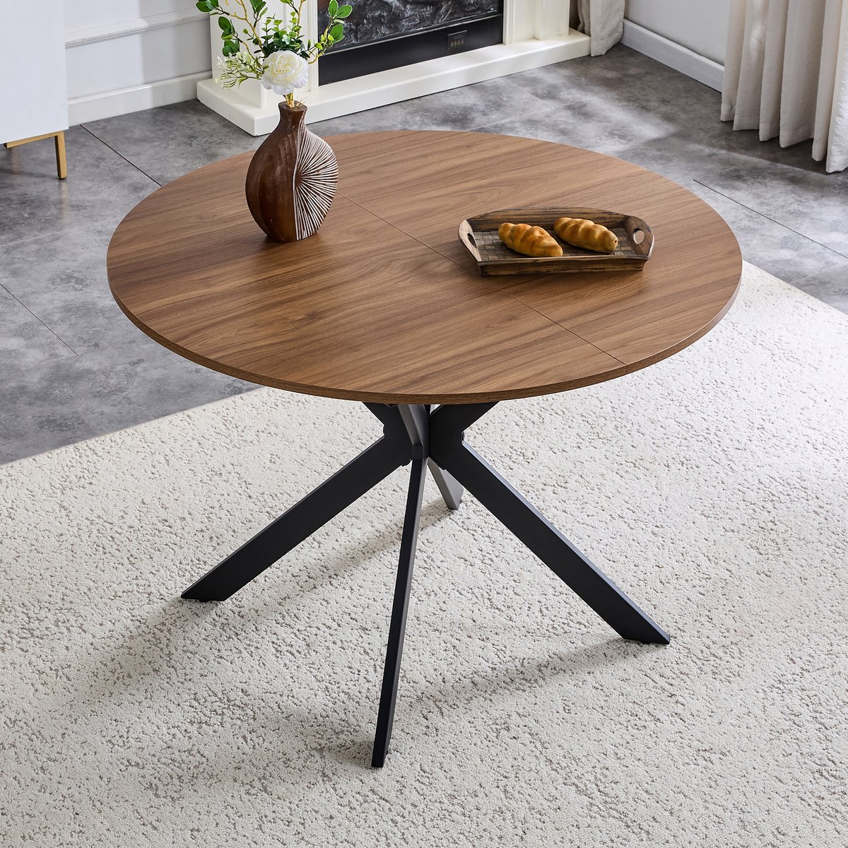 MODENUIT Eettafel - Uitschuifbaar Rond Naar Ovaal - MDF En Metaal - Zwart Walnoot - 137x107x76 Cm