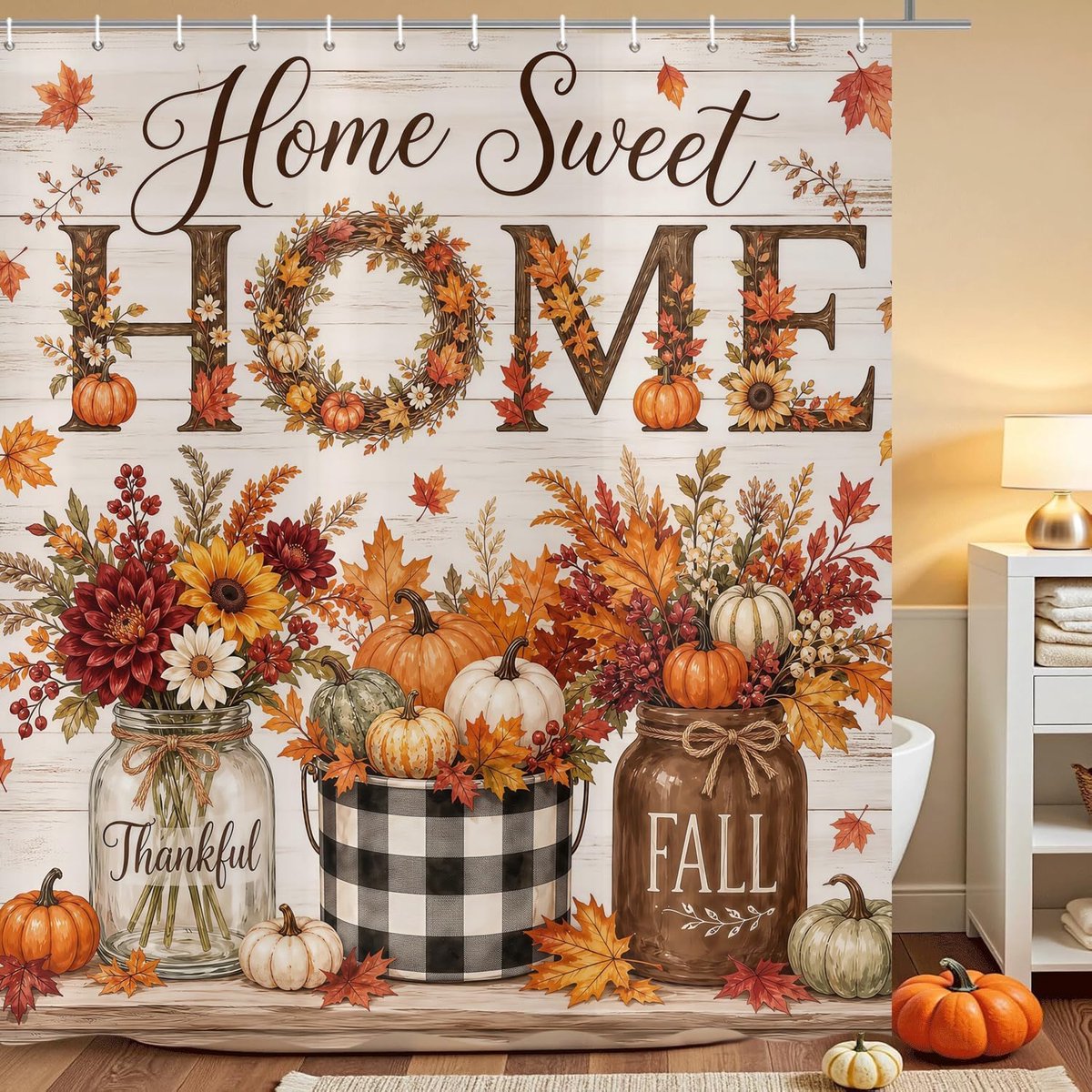Douchegordijn 180 x 200 cm - rustiek vintage hout - herfstzonnebloem & pompoen - waterdicht en wasbaar - ShopVlot