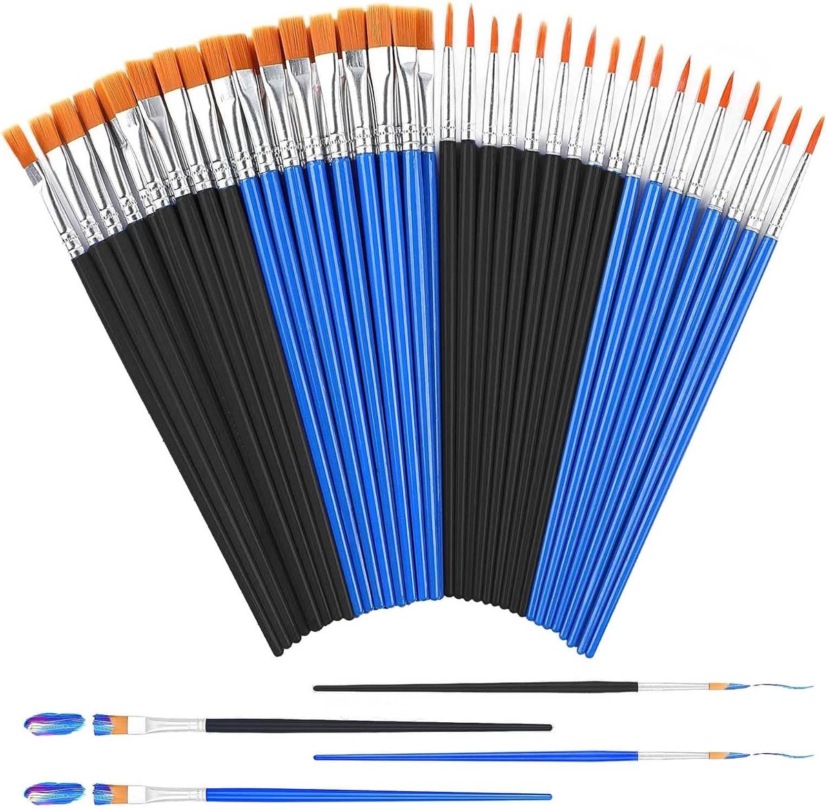 Professionele schilderset 120-delig - 30 zwarte en 30 blauwe ronde en platte kwasten - voor gedetailleerd schilderen - ShopVlot
