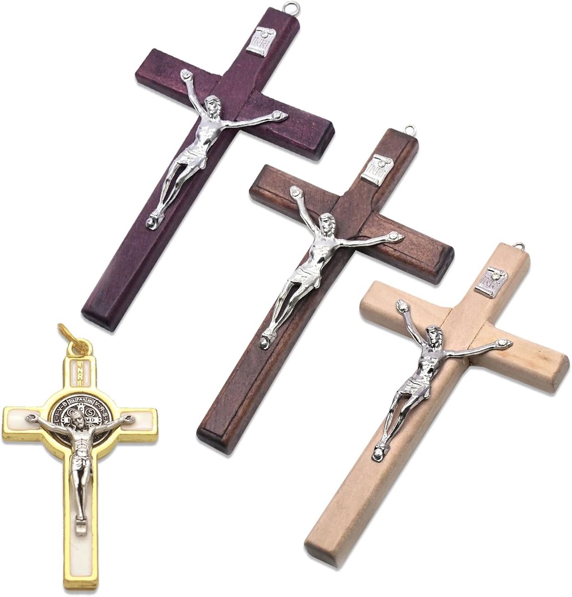 Houten wandkruisen set - 4-delige kruisset - verschillende houtkleuren - perfect voor religieuze decoratie - ShopVlot