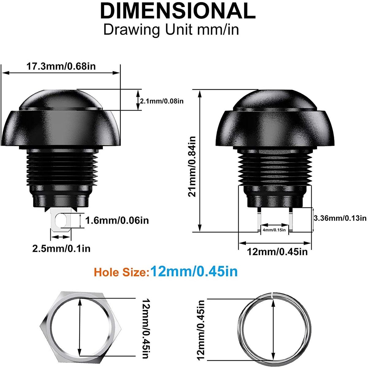 Mini Drukknoppen 12 mm - Zwart - SPST ON-OFF - Ideaal voor lampen en deurbel - ShopVlot