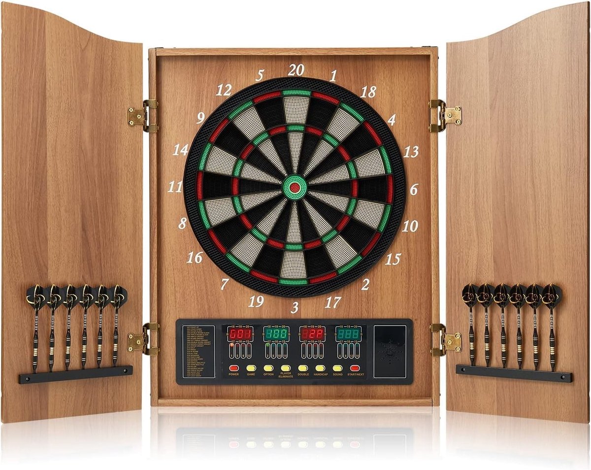 Dartbord met Kastset - Walnoot - 44 cm - Elektronisch Dartbord met Soft Tip Darts - Voor Thuisgebruik en Feestjes