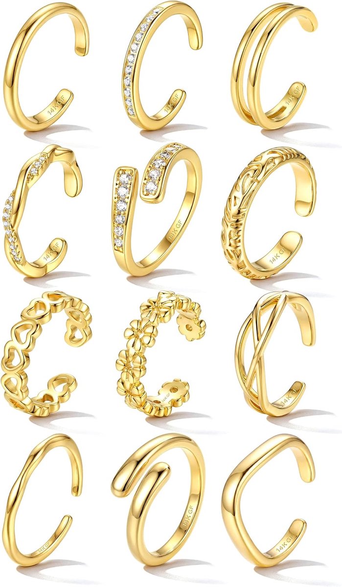 Teenringen dames set van 12 - waterdicht 14K goud - verstelbaar met zirkonia - perfect voor strand en zomer - ShopVlot