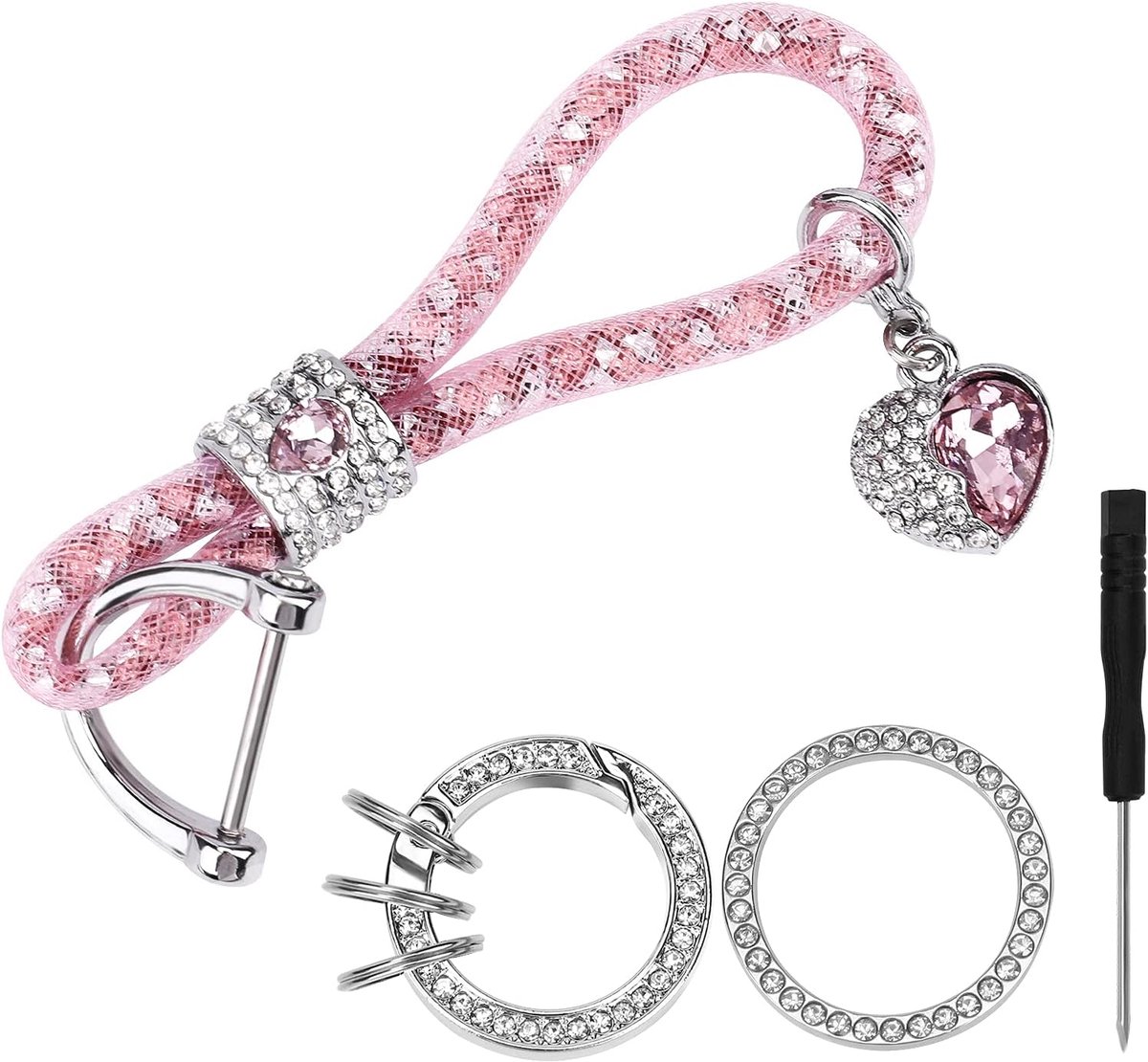 Sleutelhanger met kristal 4-pack - roze met strass ring - auto-embleem sticker - trendy accessoire voor vrouwen - ShopVlot