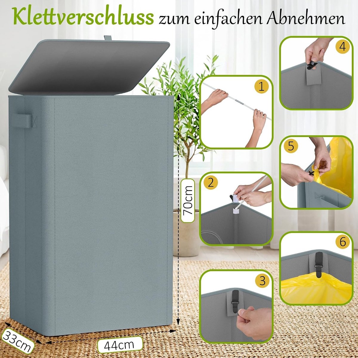 Vuilnisemmer - Grijs - 44 x 33 x 70 cm - Vuilnisemmer met Deksel en Ritssluiting - Voor Keuken en Huishouden