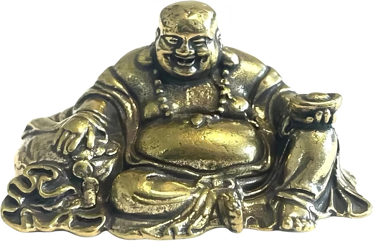 Boeddha beeldje 4 x 2.5 cm - messing - glimlachende Maitreya met grote buik - gelukssymbool voor op je bureau - ShopVlot