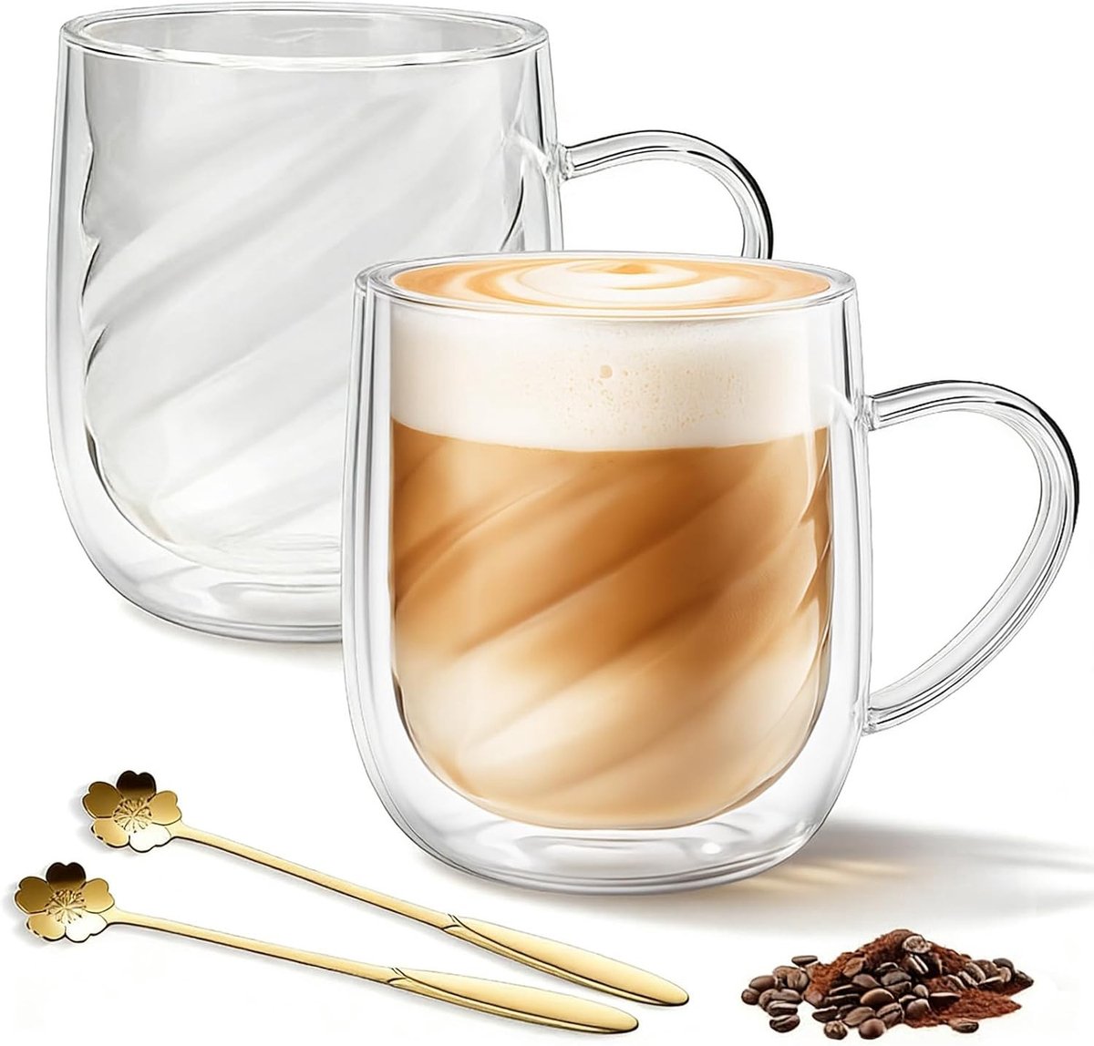 Dubbelwandige Koffieglazen 350 ml voor Latte Macchiato, Cappuccino en Thee - Set van 2 met Lepels