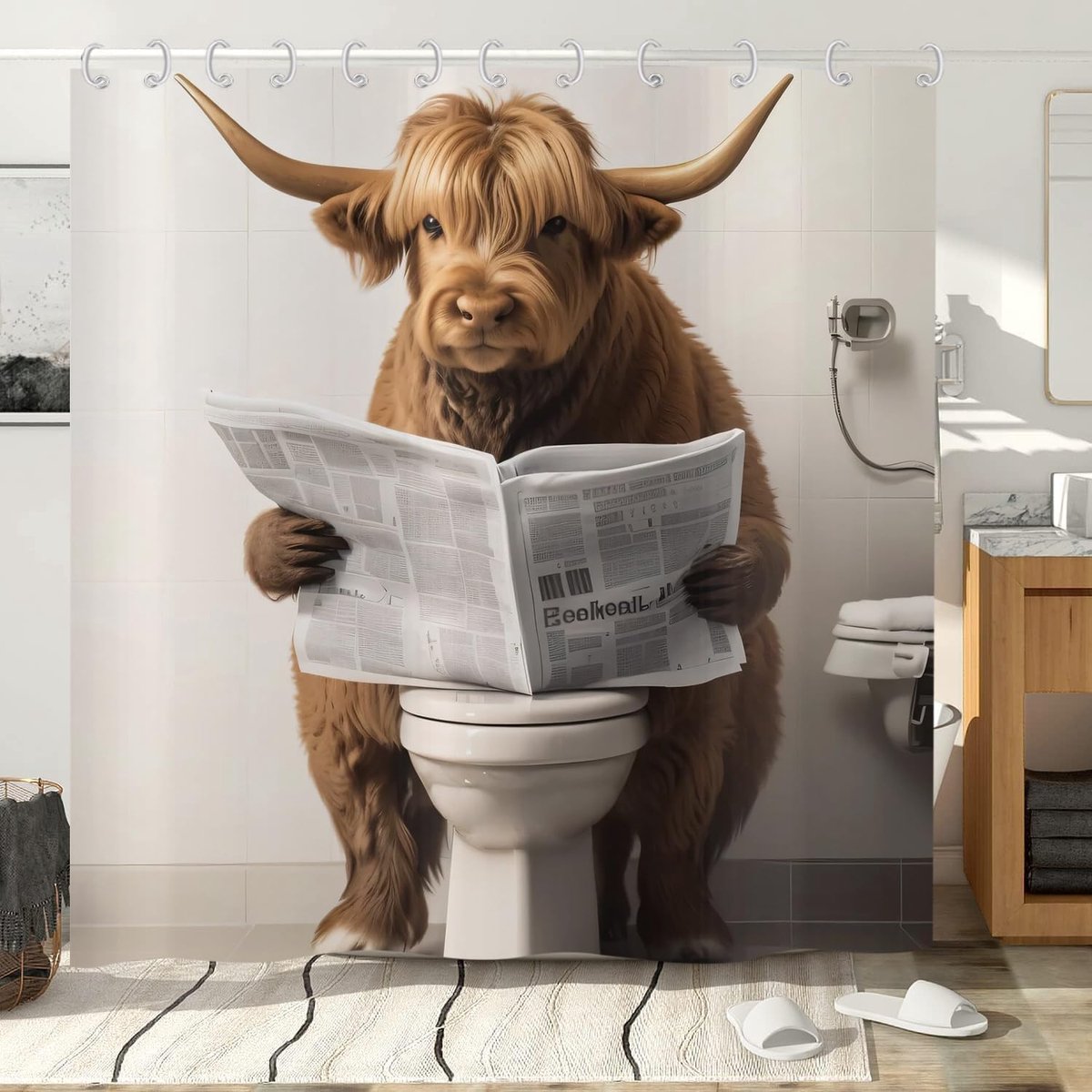 Douchegordijn Highlander Koe 90 x 180 - Waterdicht Polyester - Leuk Design - Comfortabel baden - ShopVlot