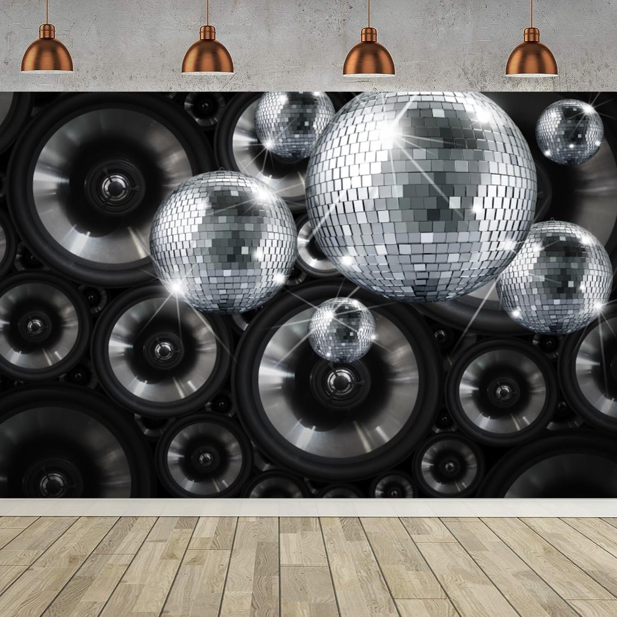 Fotobehang disco achtergrond 300x200 cm - vinyl materiaal - levendige details - perfect voor disco thema feest - ShopVlot