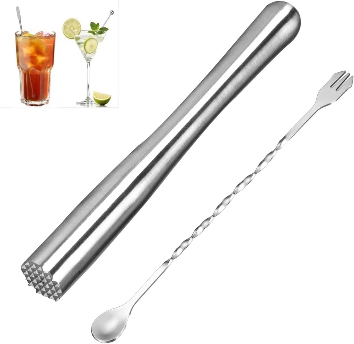 Cocktailpestle 23 cm - RVS met dubbele lepel - Ideaal voor bars en restaurants - Duurzaam en roestvrij - ShopVlot