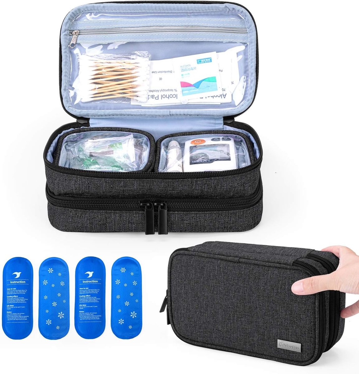 Reisorganizer voor Insuline en Medicijnen, Dubbel Laags met 4 Koelelementen, Ideaal voor Diabetici en Medicijnopslag, Zwart