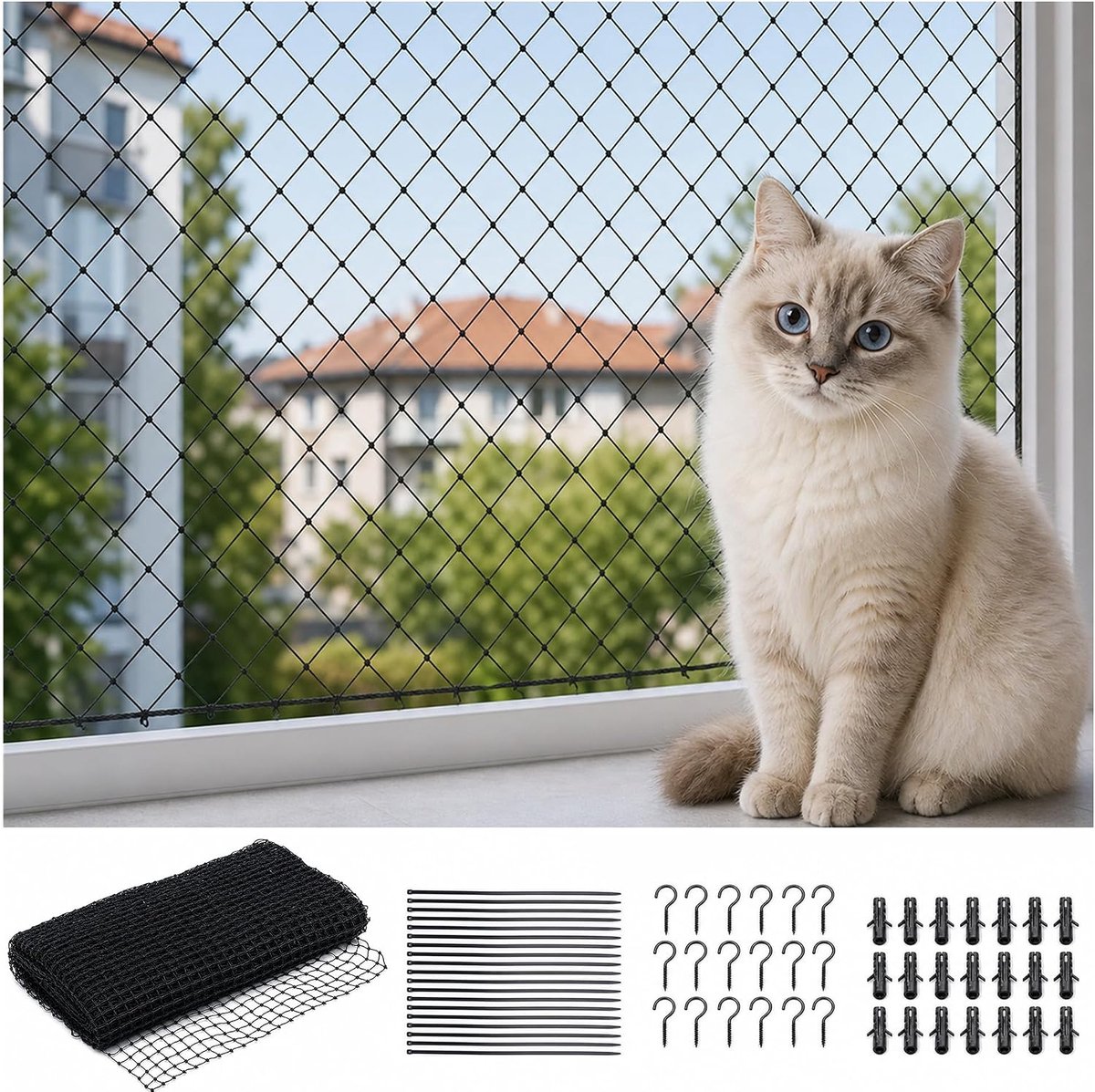 Kattennet voor balkon 10 x 3 m - zwart nylon - kattenbescherming - valbeveiliging voor balkon - ShopVlot
