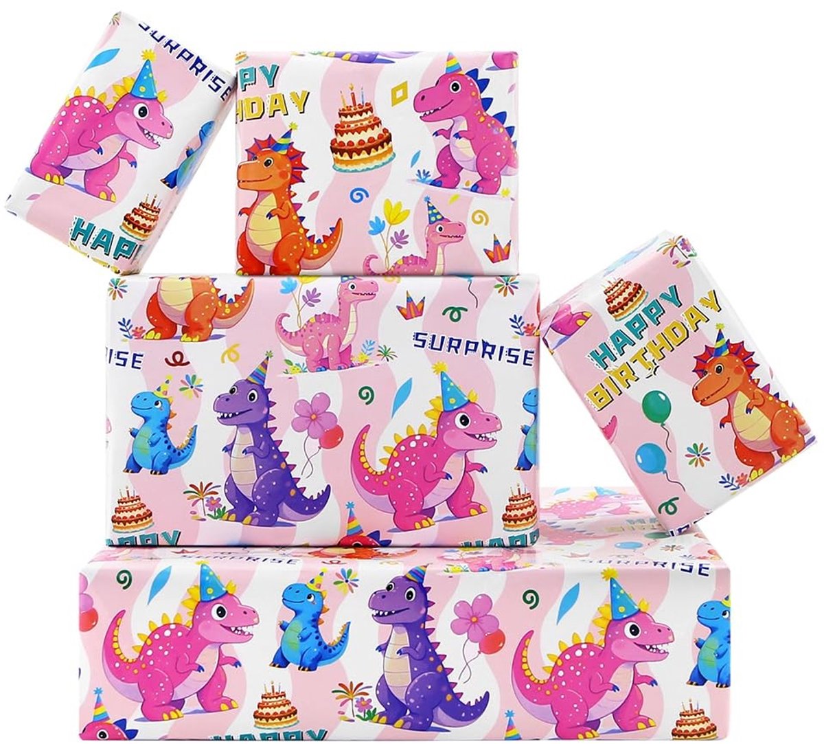 Solidchoice - Verjaardags Inpakpapier met Dinosaurus Thema, 6 Vellen