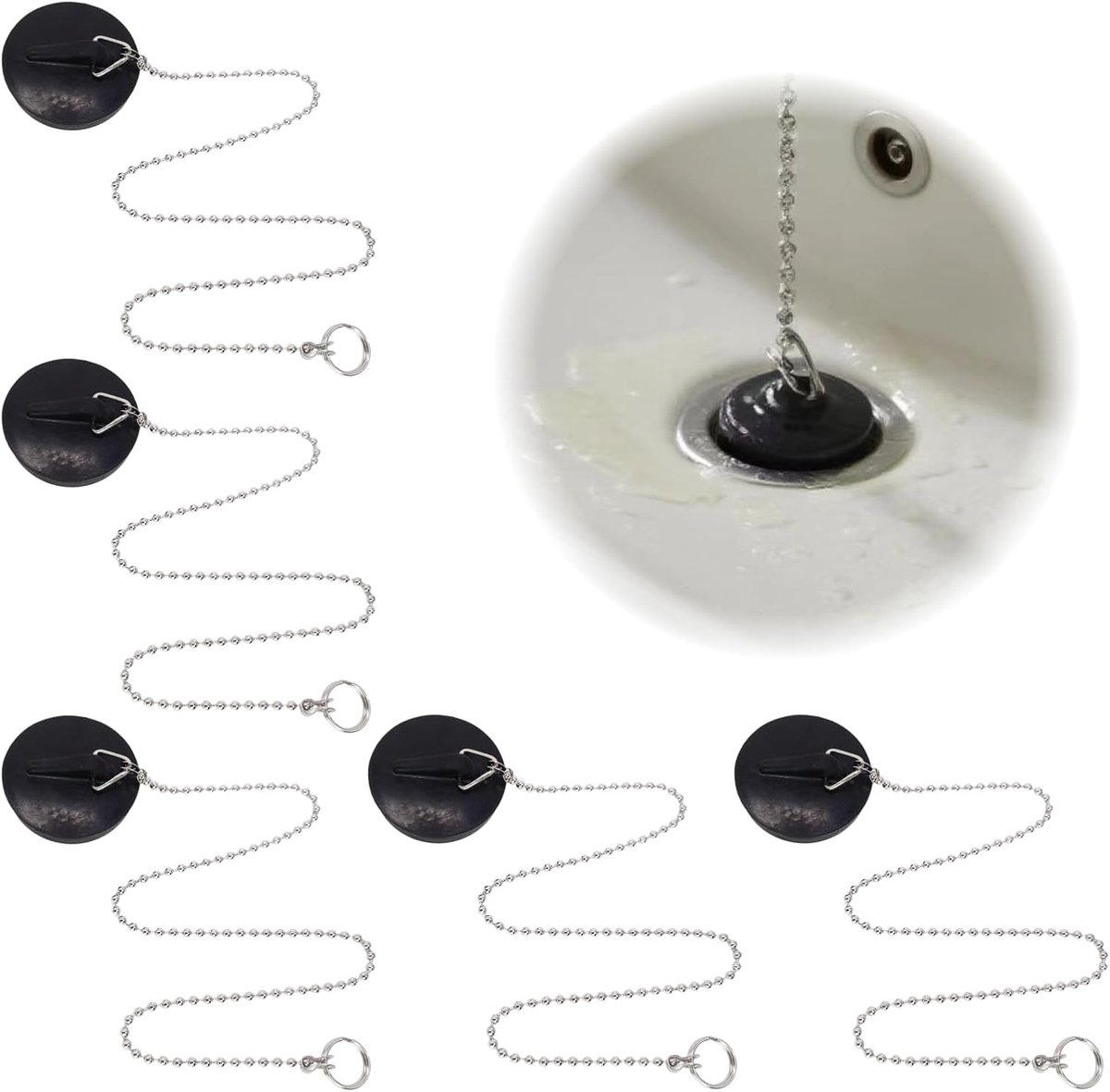 Afvoerstopper 5 Stuks - Rubber met Ketting 40 cm - Duurzaam en Waterdicht - Ideaal voor Keuken en Badkamer - ShopVlot