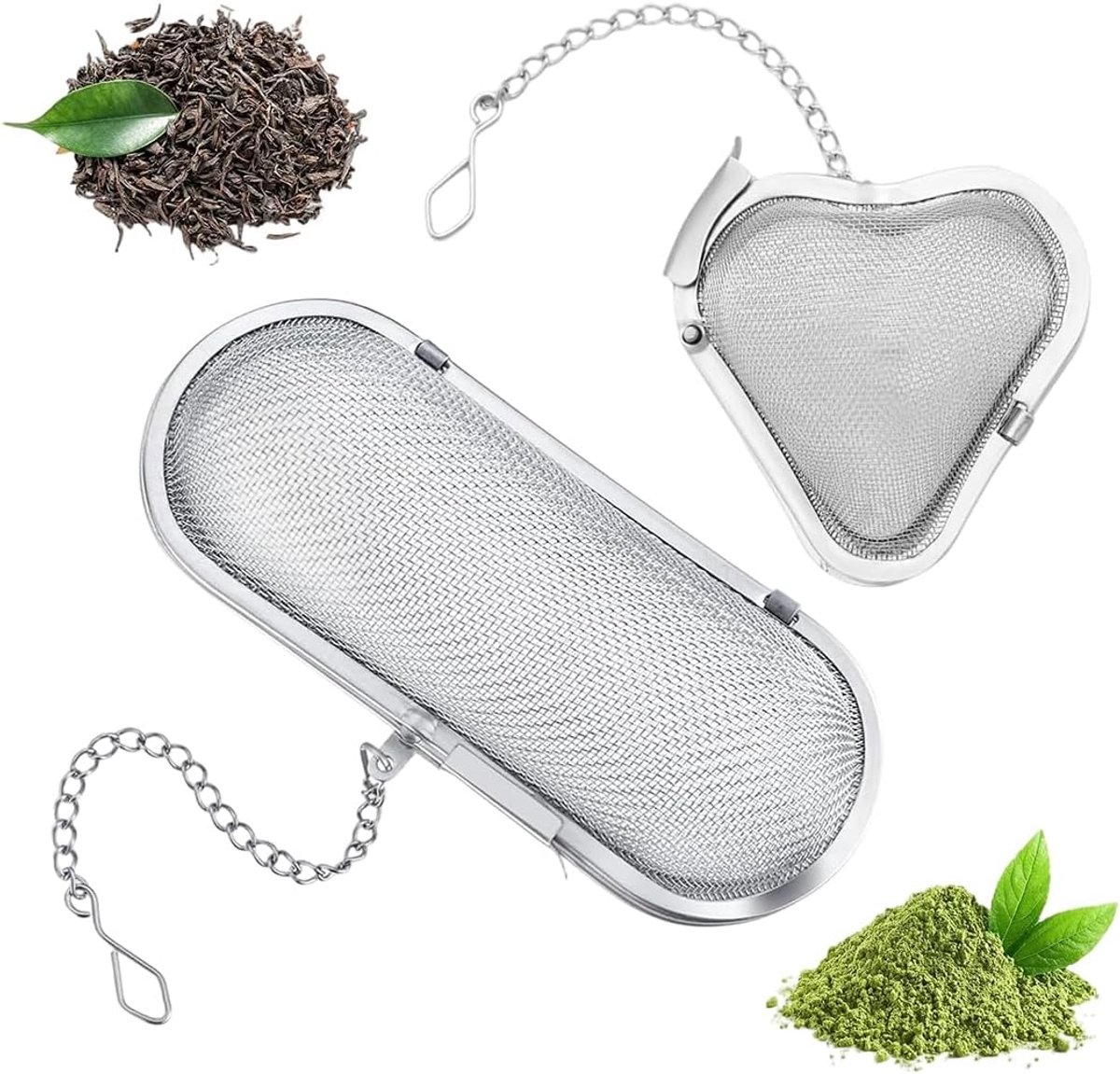 Theezeef met ketting - RVS - Ovaal en hartvormig - Perfect voor losse thee - ShopVlot