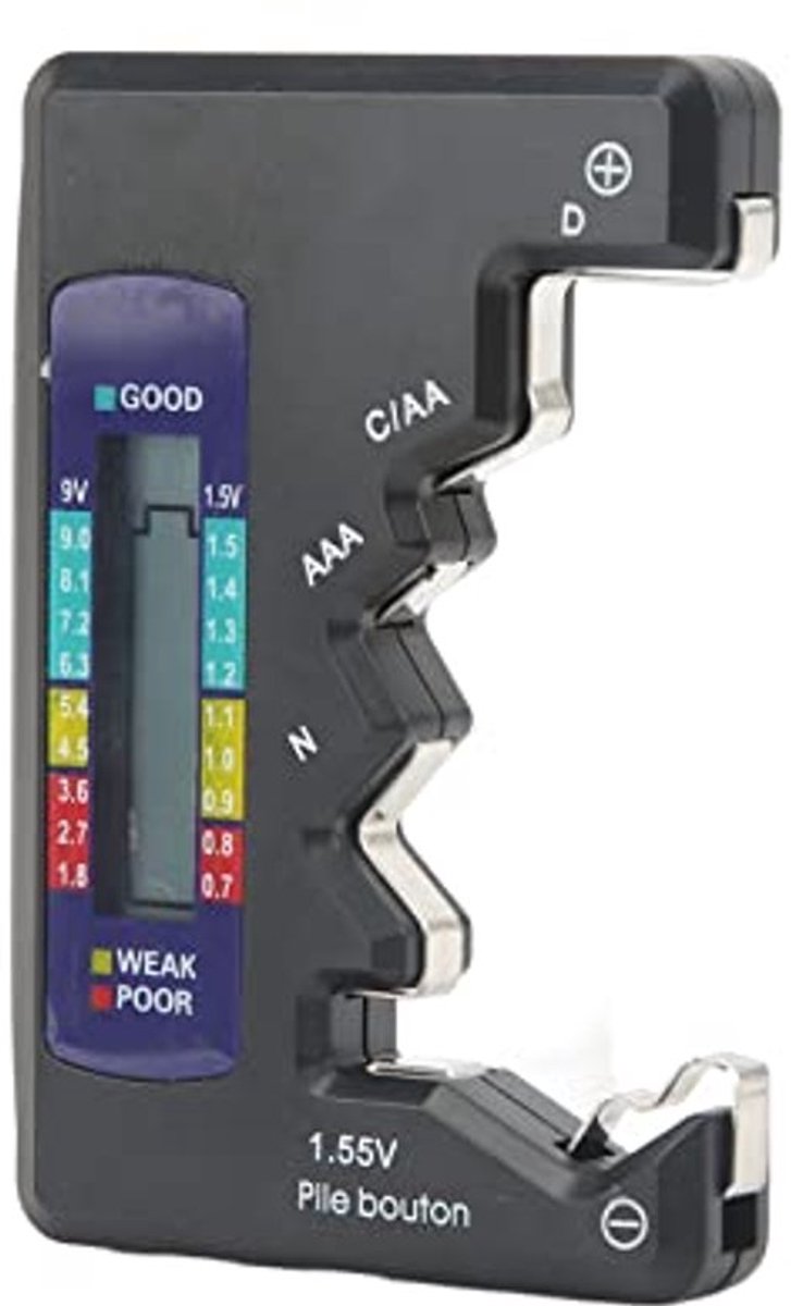 Universele digitale batterijtester, kleine batterijtester voor alle soorten batterijen: C, AA, AAA, DN, 9V, 6F22, 1,5V knoopcelbatterijen voor huishoudelijk gebruik (zwart)