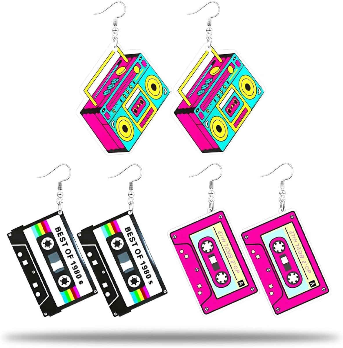 Carnavalsoorbellen dames - neon vintage - 3 paar met hangers - perfect voor feestjes - ShopVlot