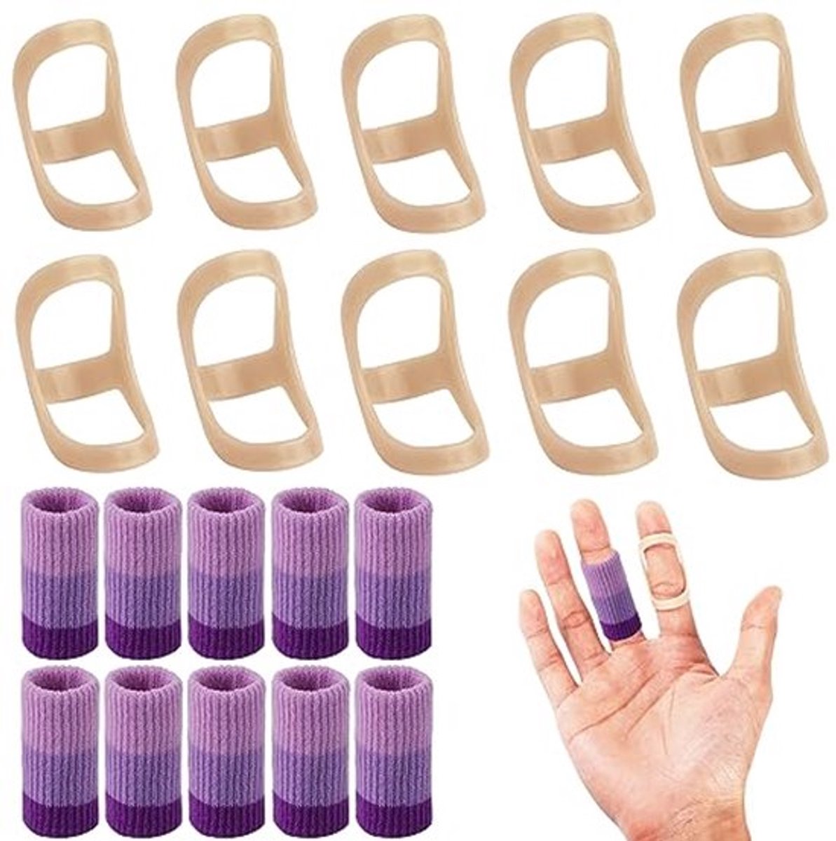 Set van 20 ovale vingerspalken, 10 maten ovale vingerbrace-ondersteuningsspalk en 10 zachte mouwen voor gebroken en geblesseerde vingers (paars)