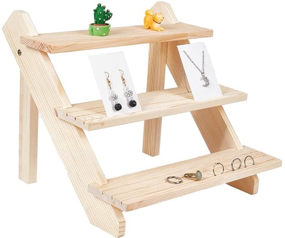 3-laags Log Retail Oorbellen Display Riser, Oorbellen Ring Houder Afneembare Houten Retail Sieraden Kaart Display Stand met Groef voor Ambachten Sieraden Opslag Display Collectie, 30x39x24cm