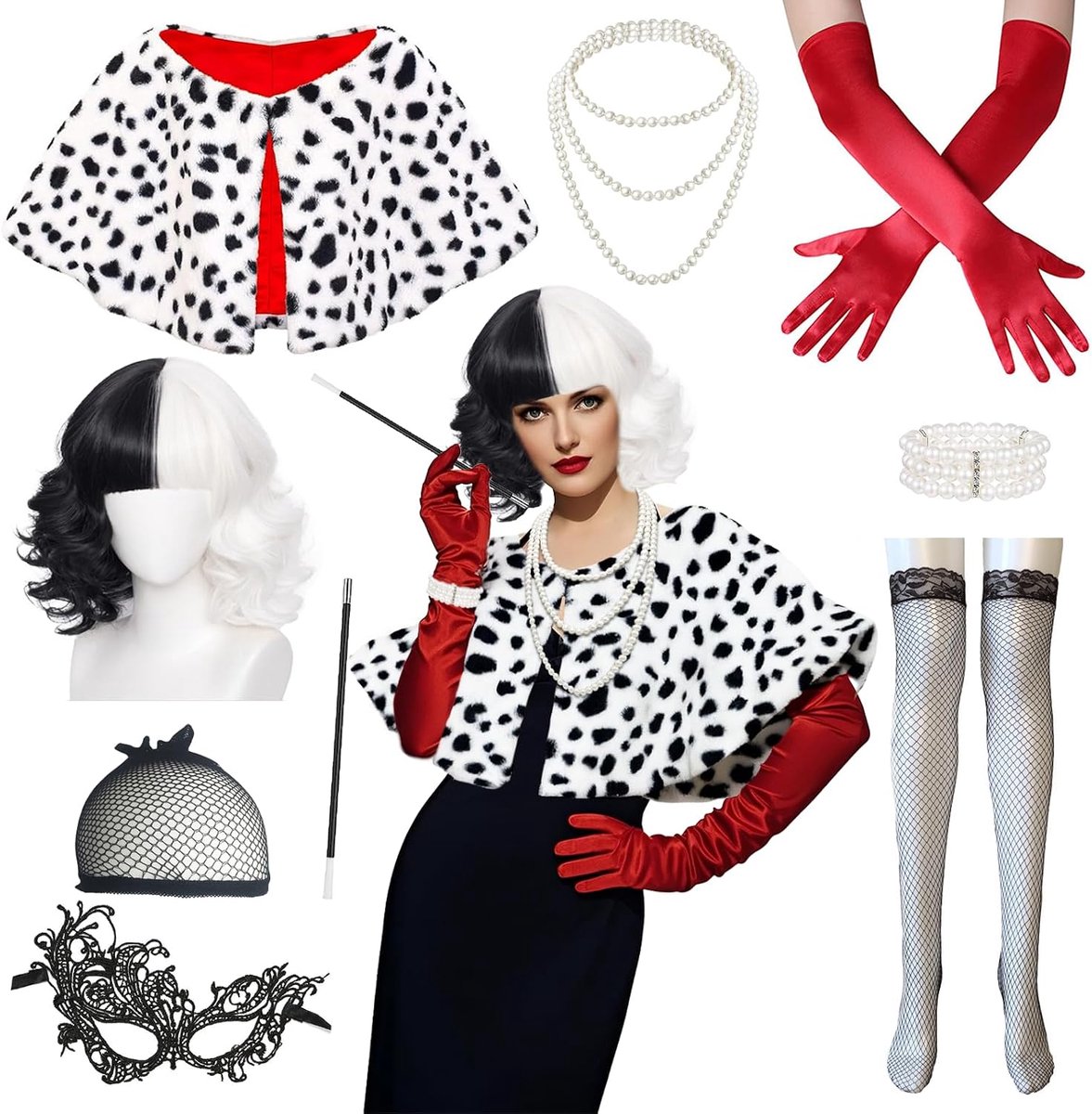 Cruella Costume Women's 9 Pieces Black White Wig Halloween Women's Cruella Deville Costume Accessory Set White Black - ShopVlot