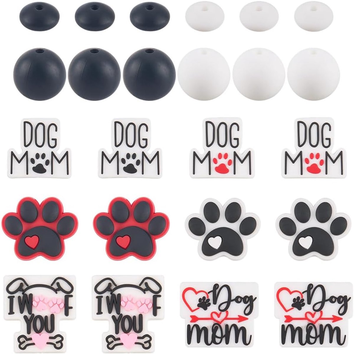 1 doos met 32 siliconen kralen met hondenthema, platte honden, huisdieren, woorden met pootafdrukken, dieren, focus - ShopVlot