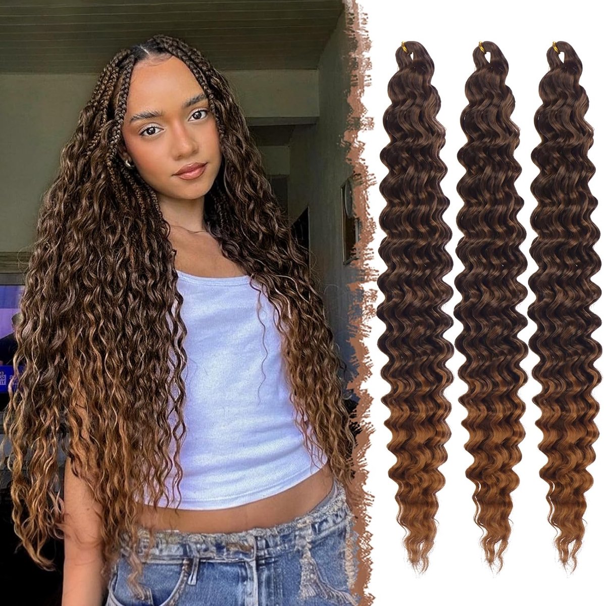 FESHFEN Ocean Wave Crochet Hair Deep Twist 3 Packs Deep Wavy Braids Hair Extension Synthetic Bohemian Curly Hair - ShopVlot