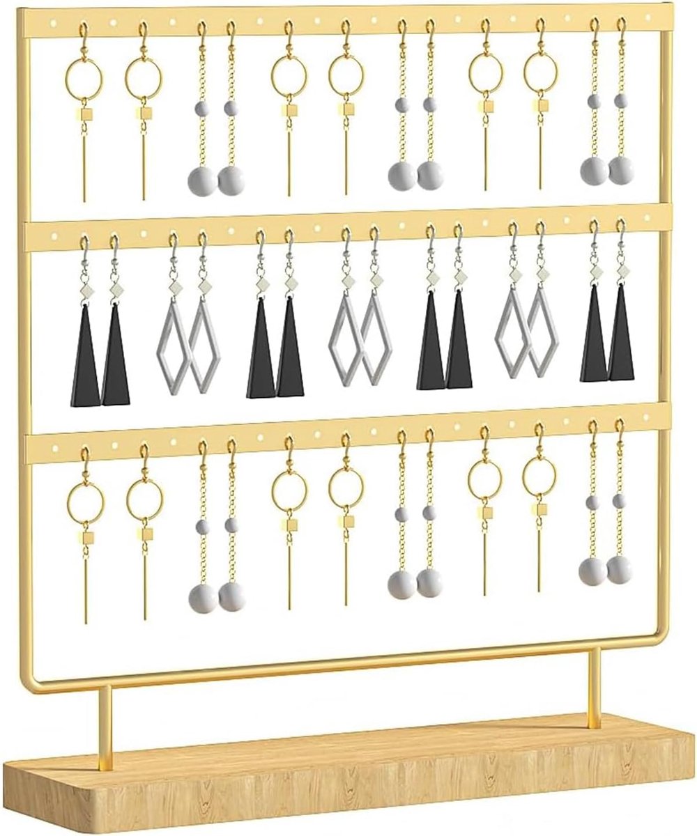 Earring Organiser, 60 Compartments with Wooden Base, 3 Levels, Earring Holder for Jewelry, Shops or Home - ShopVlot