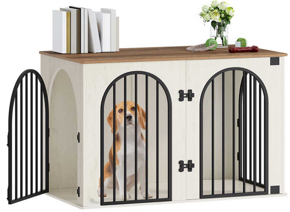 Hzuaneri 108 cm Hondenbench, Meubel, Hondenbox, 3 Deuren, Gebogen deur, Moderne Hondenboxs Binnen Voor Honden, Bijzettafel, Hondenkooi Voor Thuis, Robuuste Hondenbox, 108 x 64 x 76 cm, Wit en Bruin