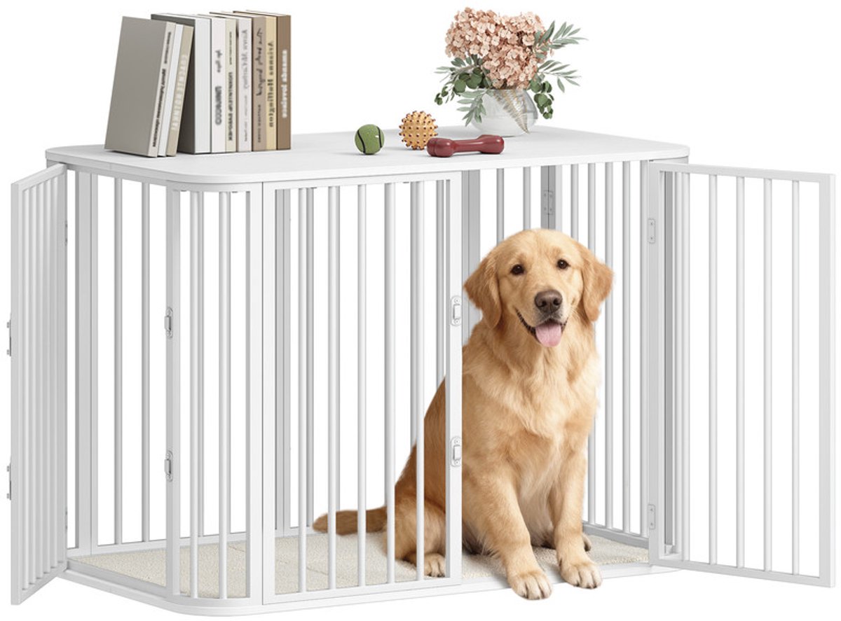 Hzuaneri Hondenkooimeubel, indoor hondenbox, moderne driedeurs, wit, Zeer belastbare hondenkooi met kussen, bijzettafel van hout, geschikt voor grote honden, 108 x 66 x 77,5 cm