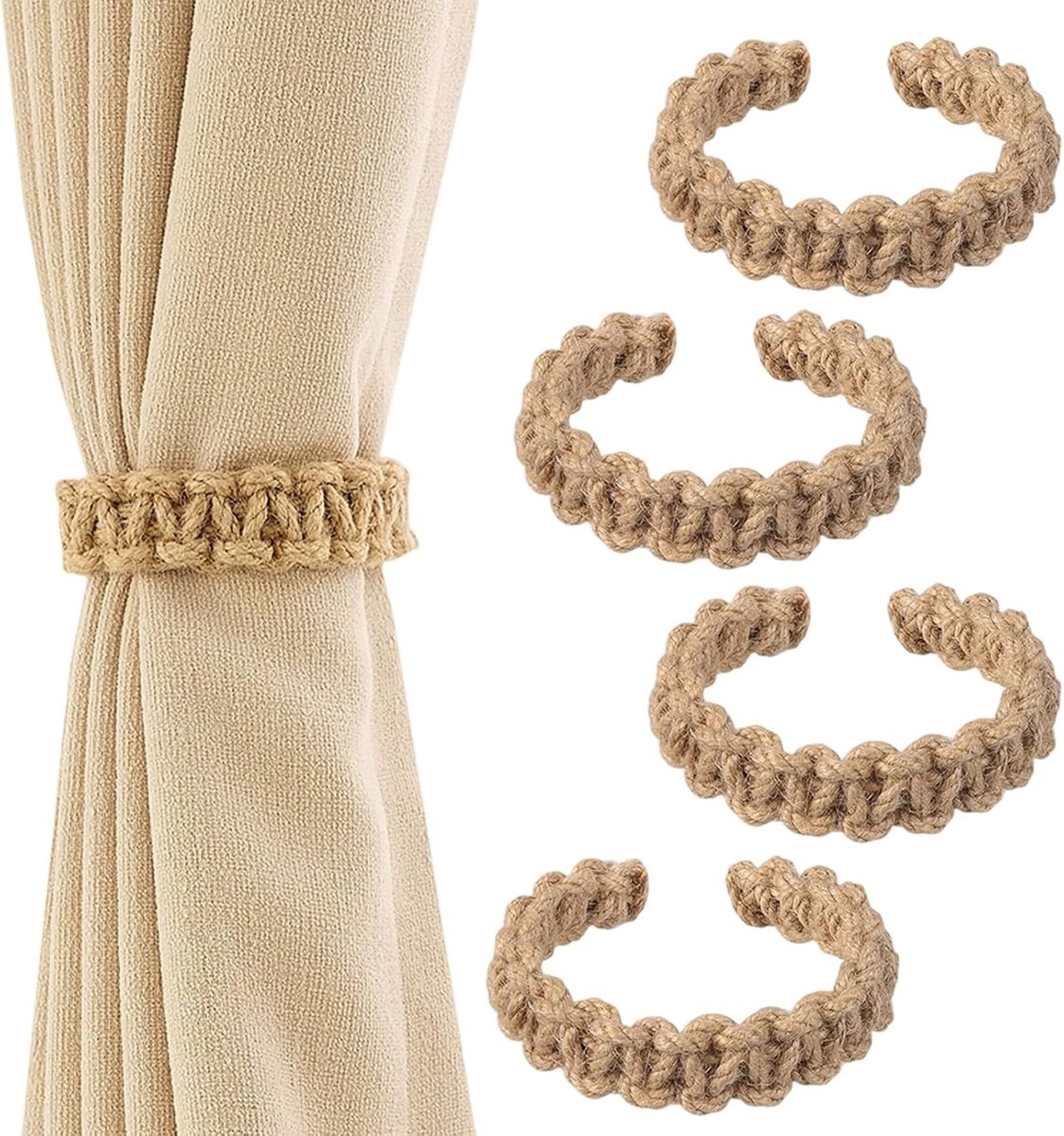 4 stuks gordijnhouders, boho, gordijnhouders voor gordijnen zonder boren, gevlochten gordijnhouder 24 cm - ShopVlot