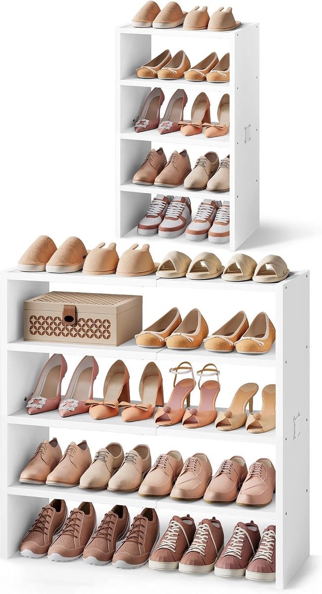 Hoctieon 2 Ebenen Schuhregal aus Holz, Ausziehbar, Weiß, Berstellbar, Platzsparend, Robust und Langlebig, Geeignet für - ShopVlot