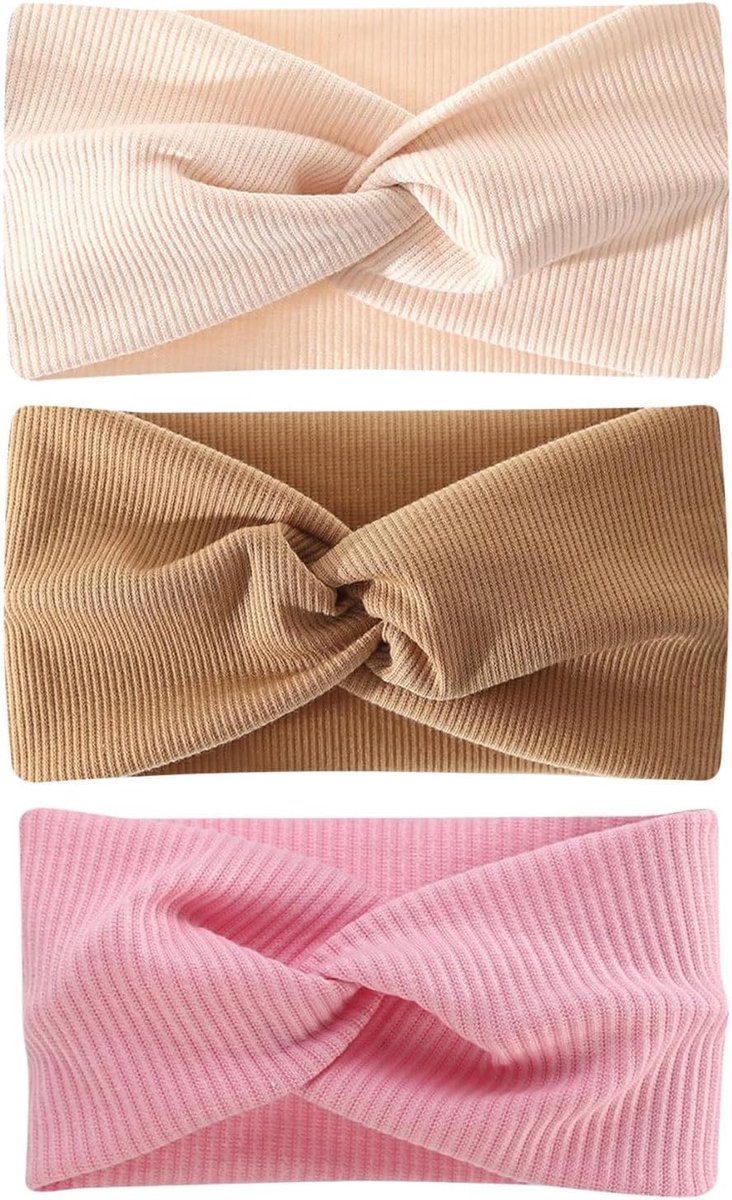 Pack of 3 children's hair bands, comfortable and stylish with knots, perfect accessory for girls (brown + light pink + - ShopVlot