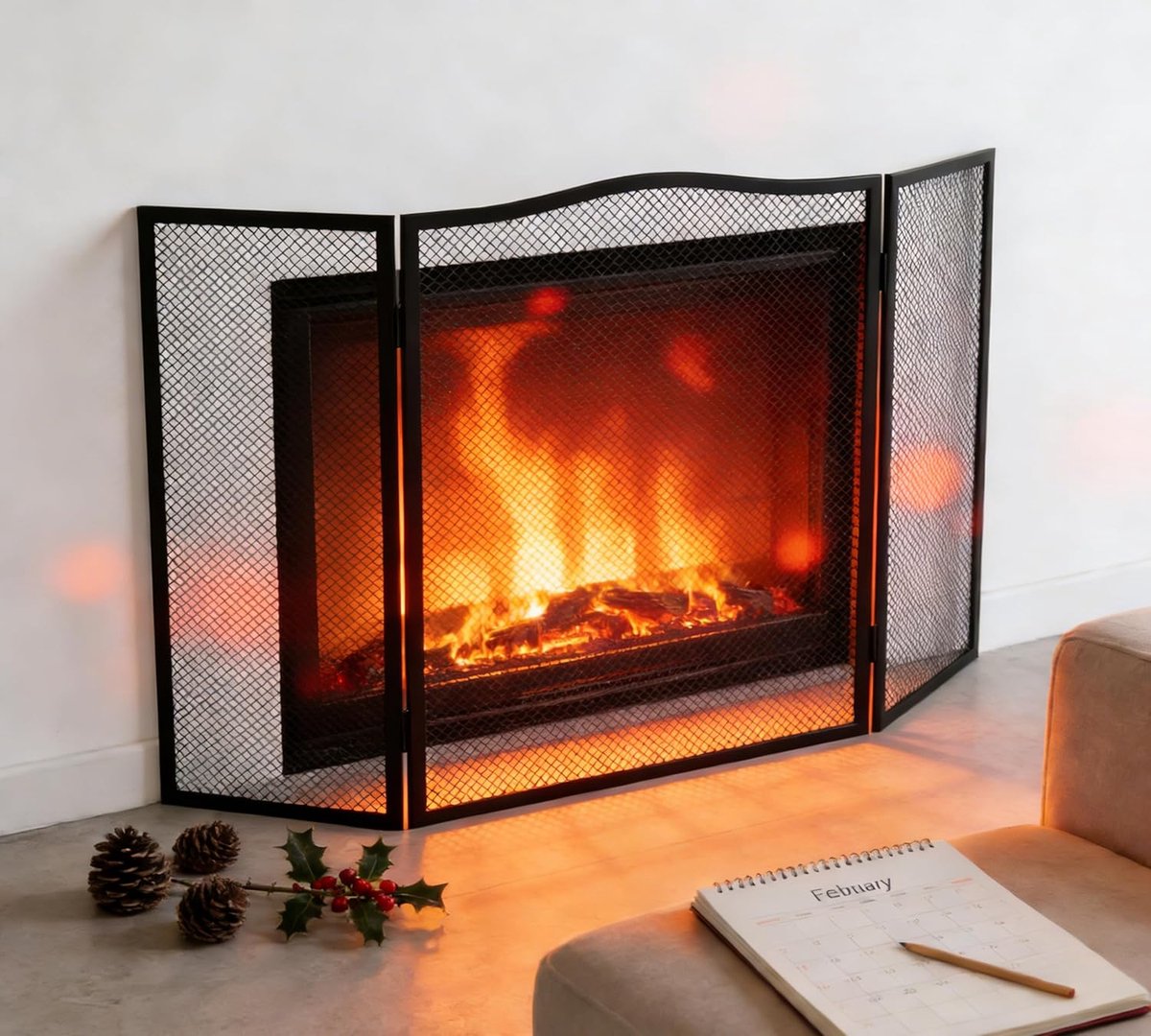 3 Panel Fireplace Spark Guard, Flat Iron Screen with Bow Top, 38" L x 24"H, Sturdy Mesh Panel for Fireplace, Black - ShopVlot