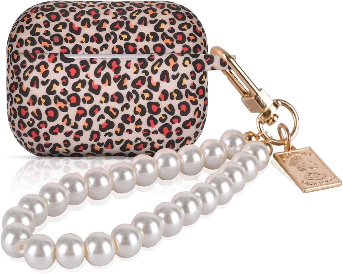 Compatible with AirPods Pro/Pro 2 Case with Pearl Keychain, Brown Red Leopard Pattern Silicone Protective Case for - ShopVlot