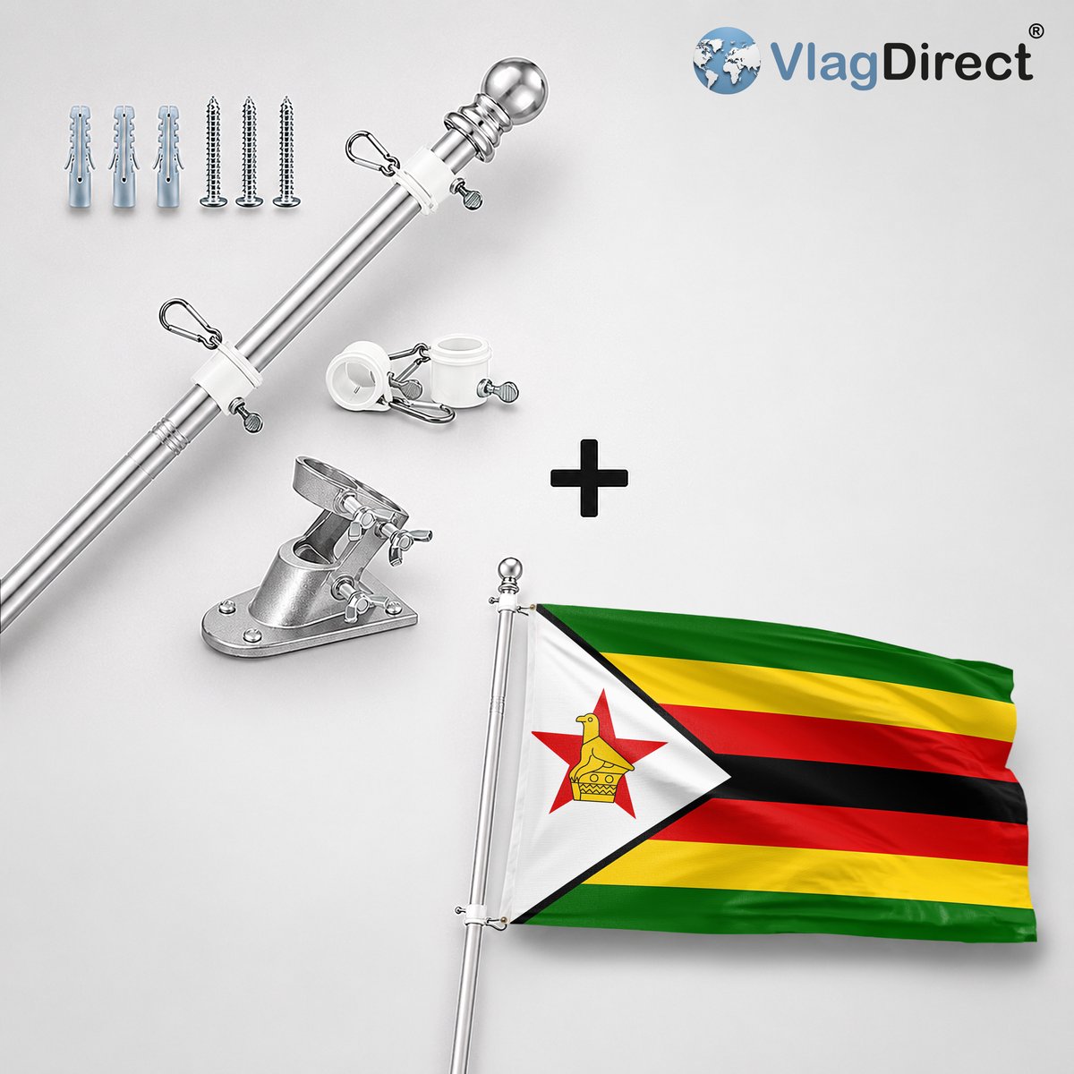 VlagDirect - Compleet vlaggenpakket - Zilveren vlaggenstok inclusief vlaggenstokhouder + Zimbabwaanse vlag - Zimbabwe vlag - 90 x 150 cm