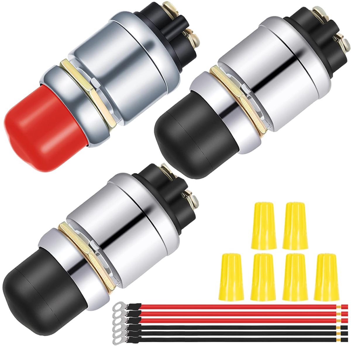 Pack of 3 Red/Black Starter Button Switch 12V 50A Powerful Push Button Switch Waterproof Weatherproof Engine Starter - ShopVlot