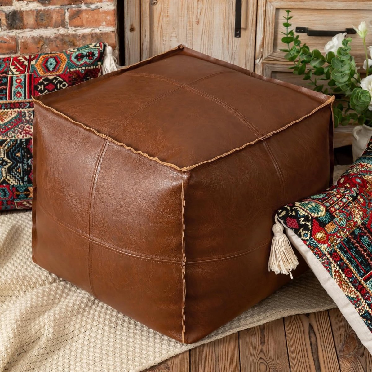 Poufs & Cushions Unfilled Handmade PU Faux Leather Cushion Cover, Ottoman Empire, Pouf, Square, Bean Bag Chair - ShopVlot
