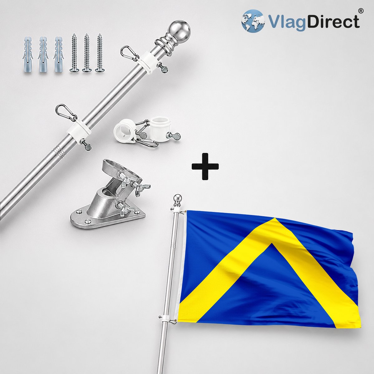 VlagDirect - Compleet vlaggenpakket - Zilveren vlaggenstok inclusief vlaggenstokhouder + Ternatse vlag - Gemeente Ternat vlag - 90 x 150 cm.