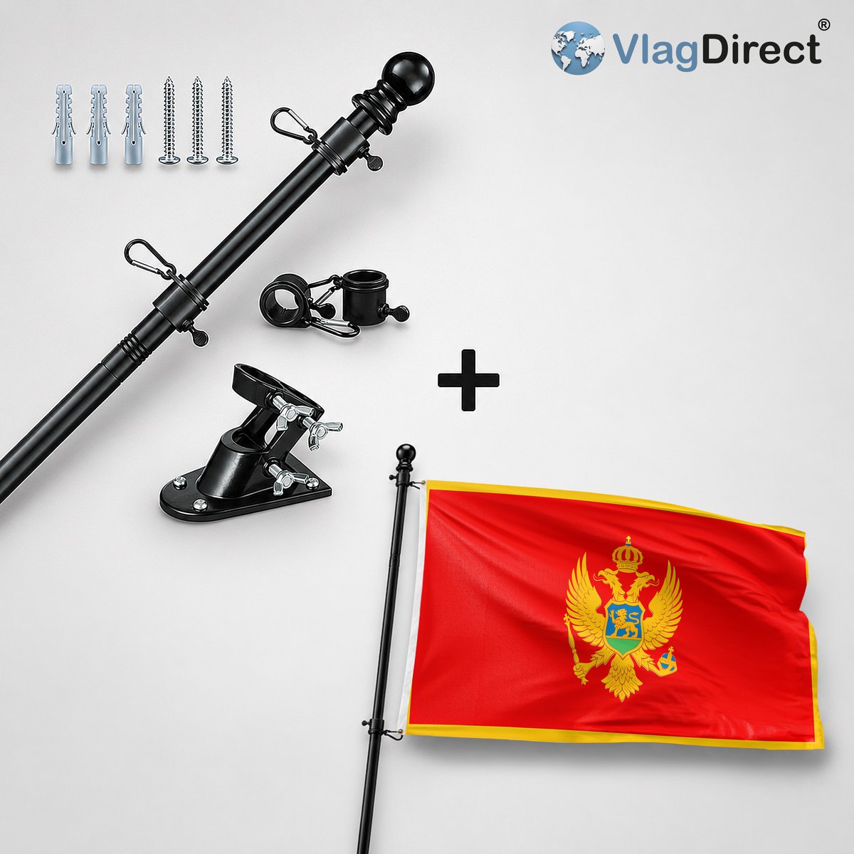 VlagDirect - Compleet vlaggenpakket - Zwarte vlaggenstok inclusief vlaggenstokhouder + Montenegrijnse vlag - Montenegro vlag - 90 x 150 cm