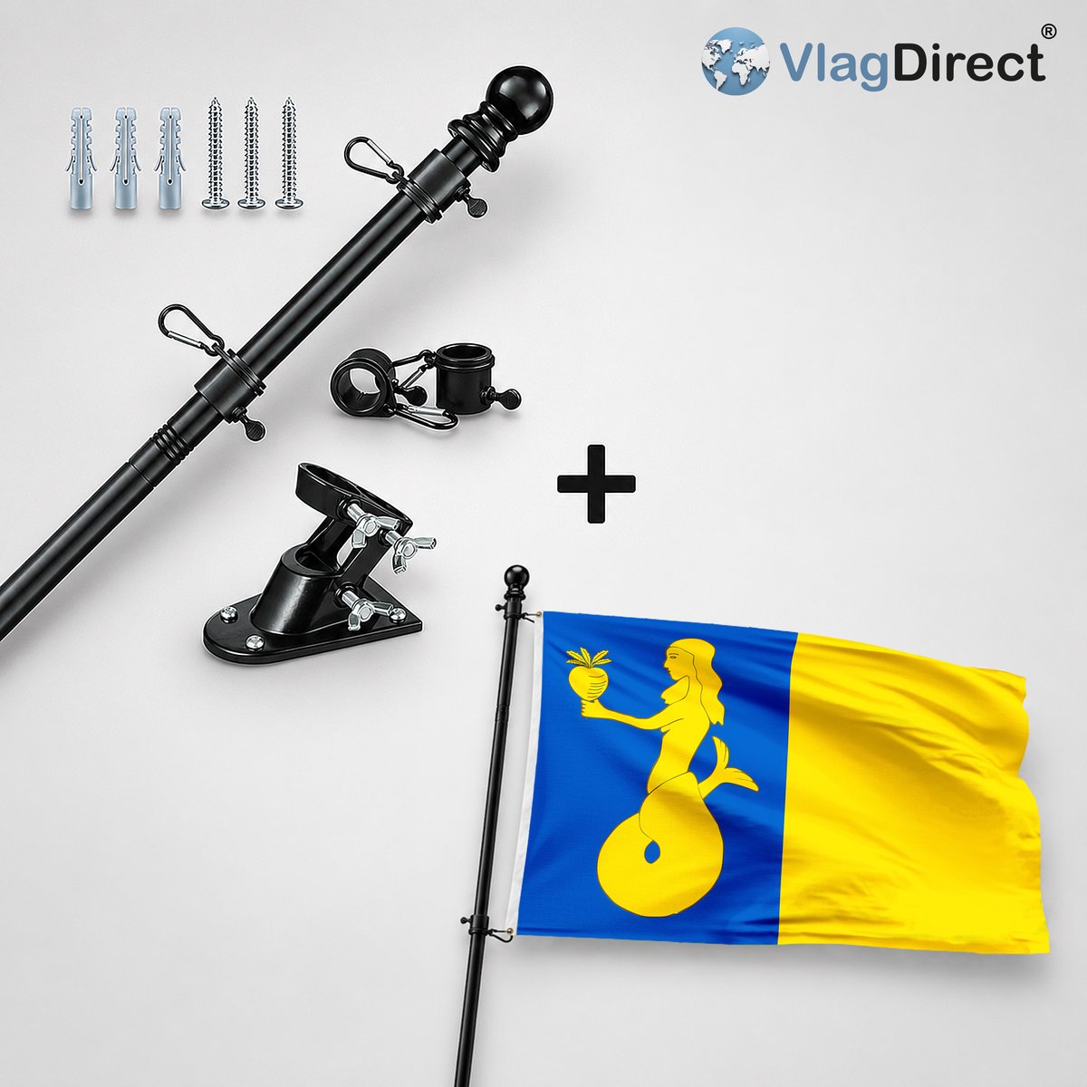 VlagDirect - Compleet vlaggenpakket - Zwarte vlaggenstok inclusief vlaggenstokhouder + Waasmunsterse vlag - Gemeente Waasmunster vlag - 90 x 150 cm.
